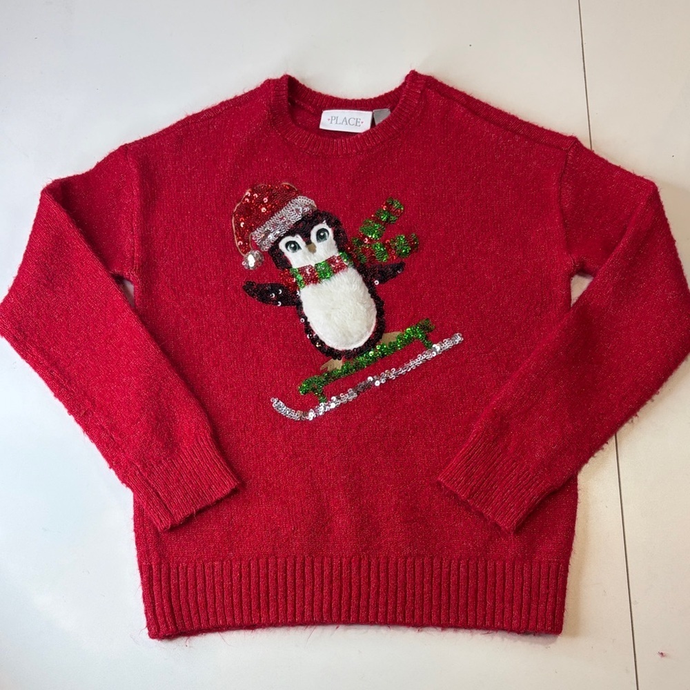 Place Sequin and Faux fur Penguin on Red sparkly Sweater Girls M 7/8